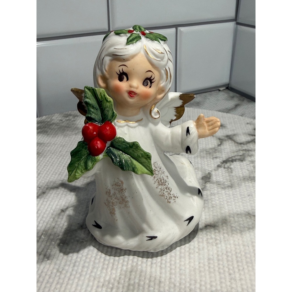 Vintage Christmas Angel Figurine Ceramic Holly Berry Gold Accents Mid Century